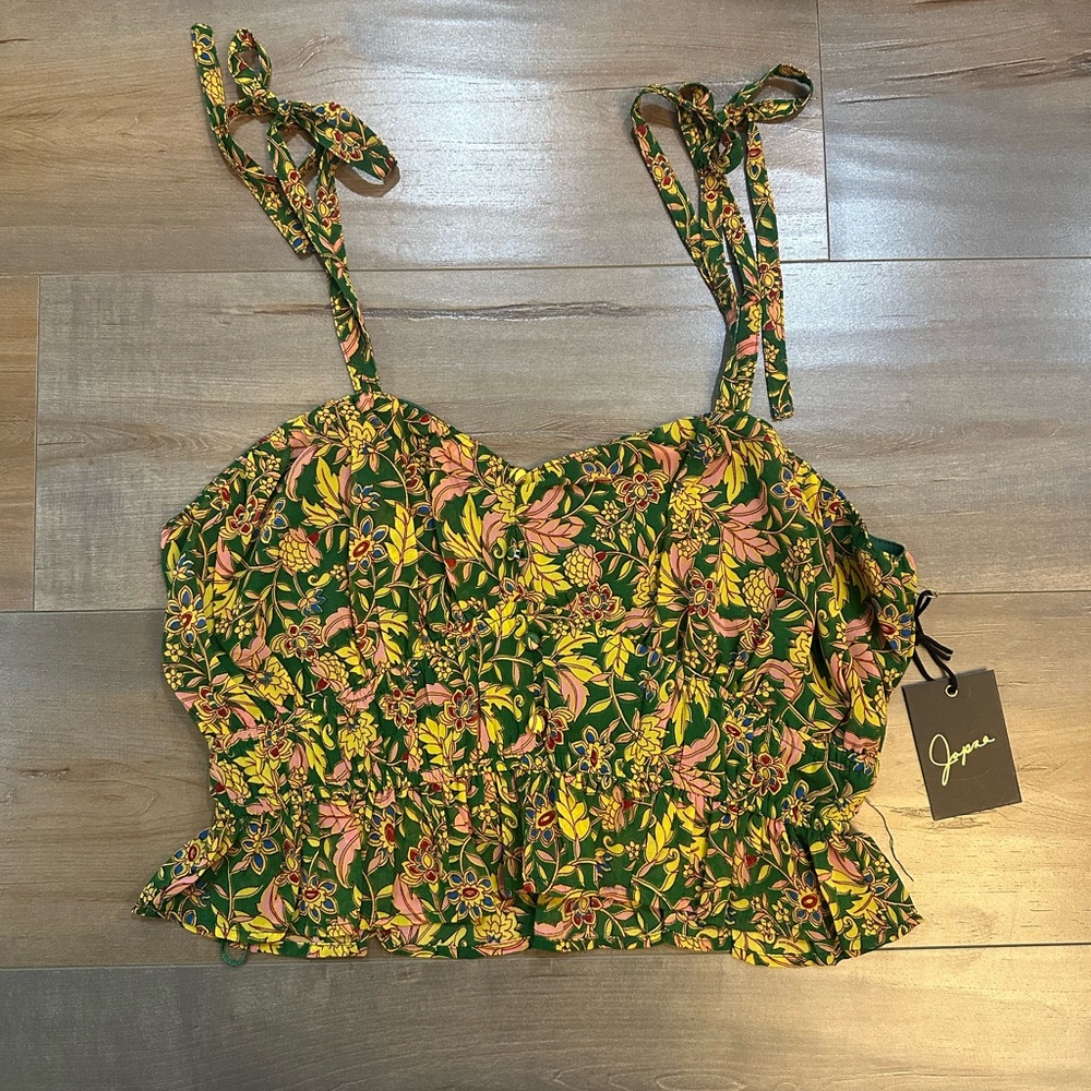 Yellow and Green Smocked Tie Front Crop Top